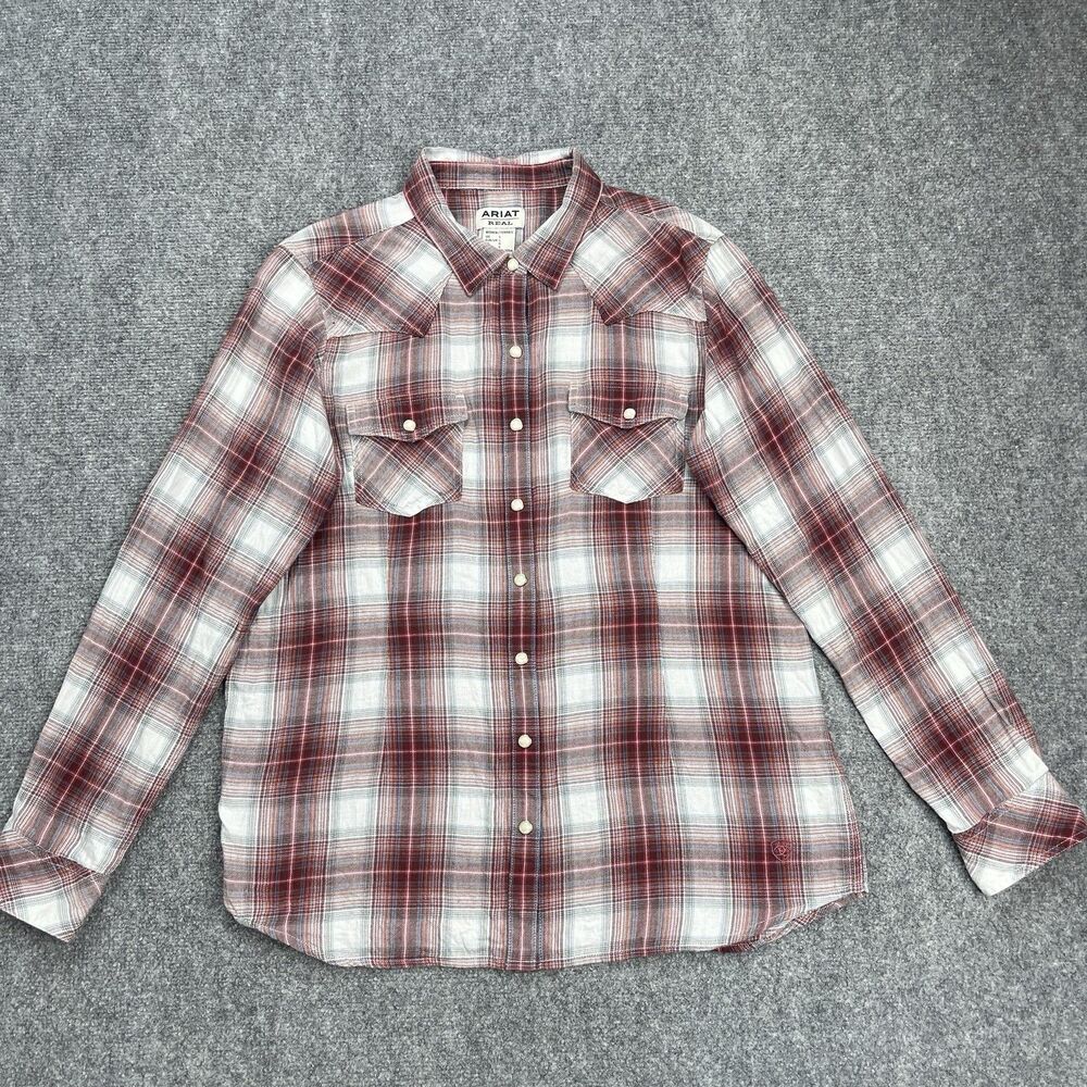 ARIAT Laramie Western Pearl Snap Shirt Womens Size Large Maroon Plaid Cotton